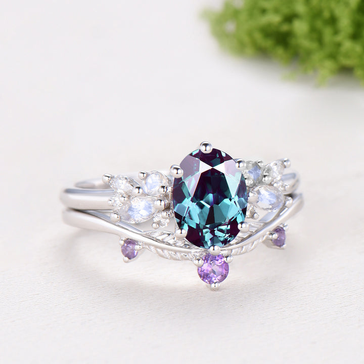 Unique Alexandrite Engagement Ring Set, 14k White Gold Moonstone June Birthstone Wedding Set, Leaf Amethyst Promise Stacking Band Bridal Set