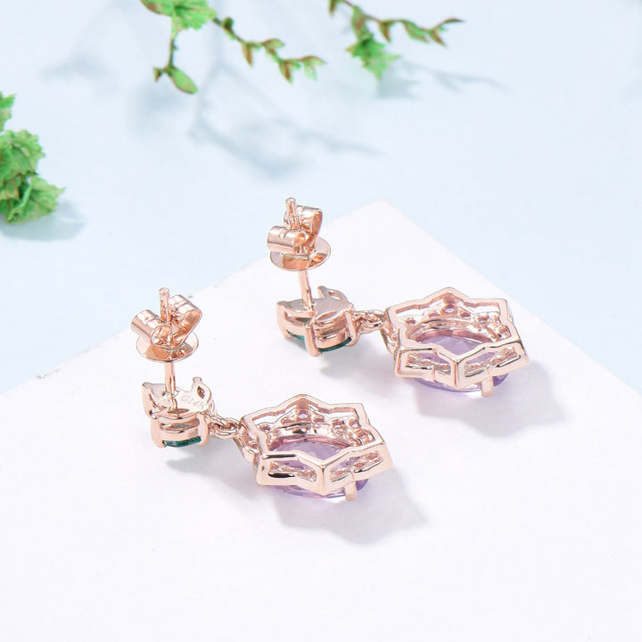 Vintage Lavender Amethyst earrings Unique  Halo Amethyst Marquise Emerald Stud Earrings  Women 14k 18k rose gold Febmber birthstone earrings - PENFINE
