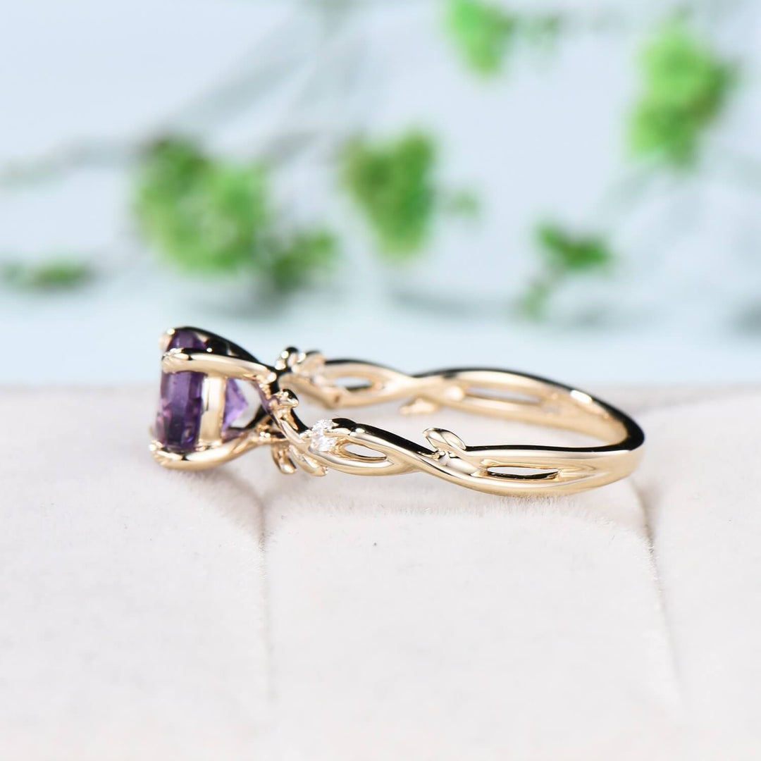 Round Purple Amethyst ring Leaf Engagement Ring 14K Yellow Gold Nature Inspired Wedding Ring Twig Unique Handmade Proposal Gifts for Women - PENFINE