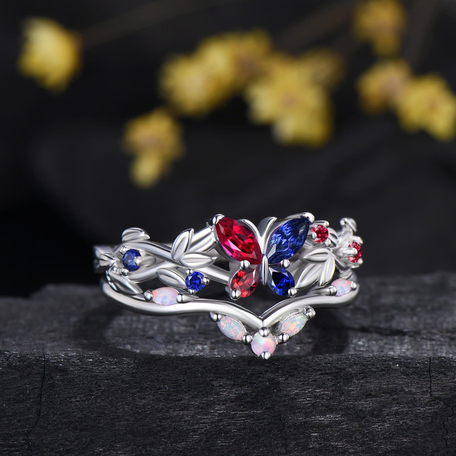 Multi-Color Leaf Twisted Bridal Set Ruby Blue Sapphire Butterfly Engagement Ring Opal Matching Band