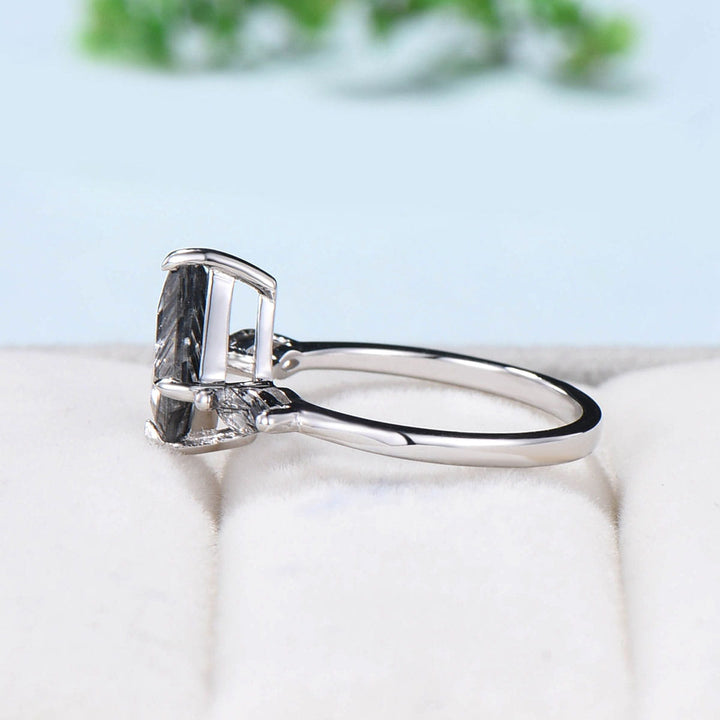 Kite cut black rutilated quartz ring minimalist marquise cut black tourmaline 3 stone engagement ring Dainty wedding ring anniversary gift - PENFINE