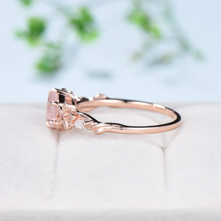 Nature Inspired Flower Rose Quartz Engagement Ring Vintage Unique Retro Pink Tourmaline Wedding Ring Leaves Twisted Wedding Ring For Women - PENFINE