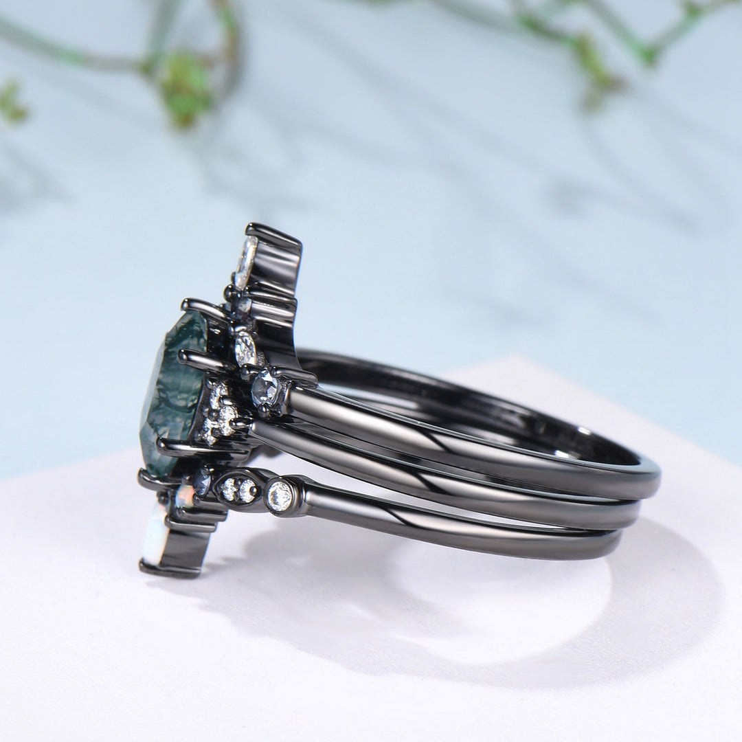 3pcs Black Gold Moss Agate Wedding Ring Set, Long Hexagon Natural Green Agate Gothic Engagement Ring, Unique Alexandrite Opal Stacking Band - PENFINE