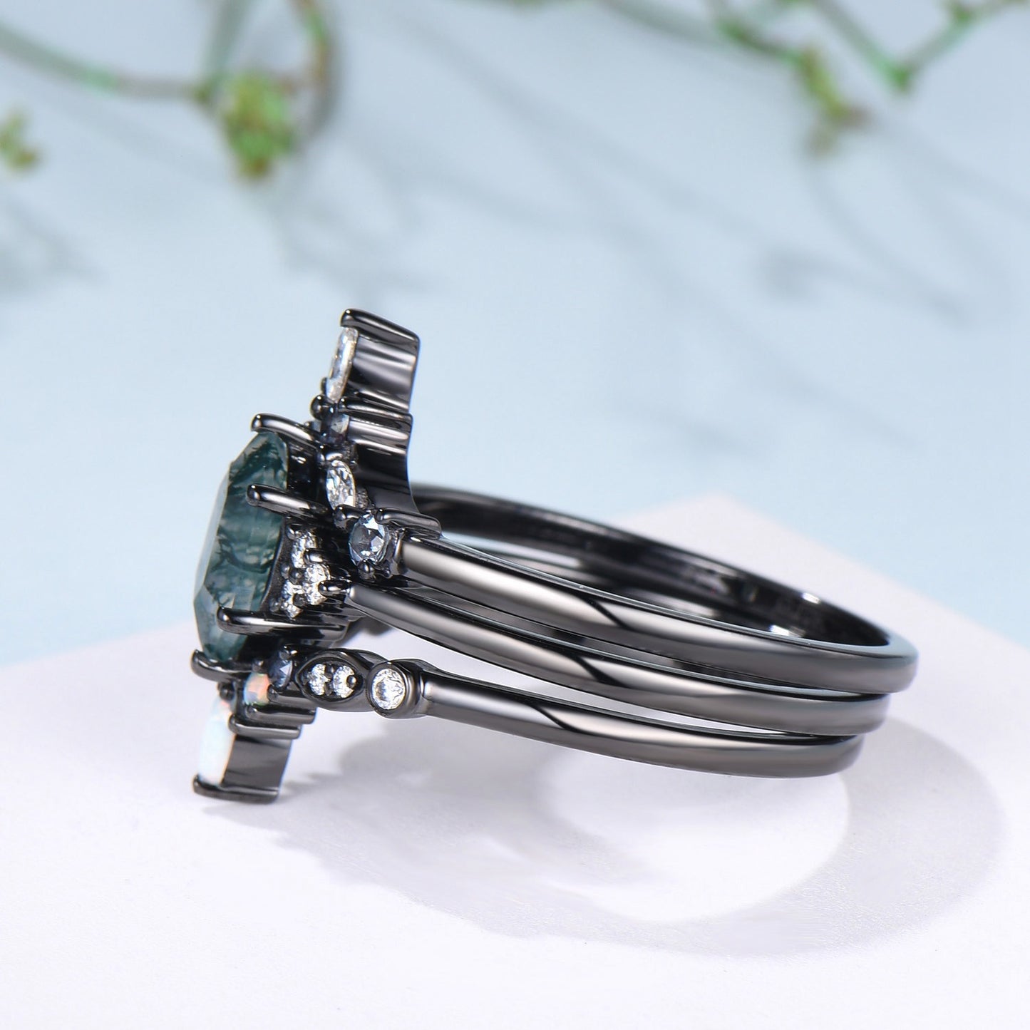 3pcs Black Gold Moss Agate Wedding Ring Set, Long Hexagon Natural Green Agate Gothic Engagement Ring, Unique Alexandrite Opal Stacking Band - PENFINE