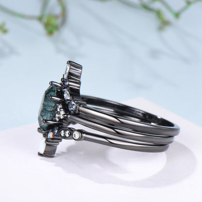3pcs Black Gold Moss Agate Wedding Ring Set, Long Hexagon Natural Green Agate Gothic Engagement Ring, Unique Alexandrite Opal Stacking Band - PENFINE