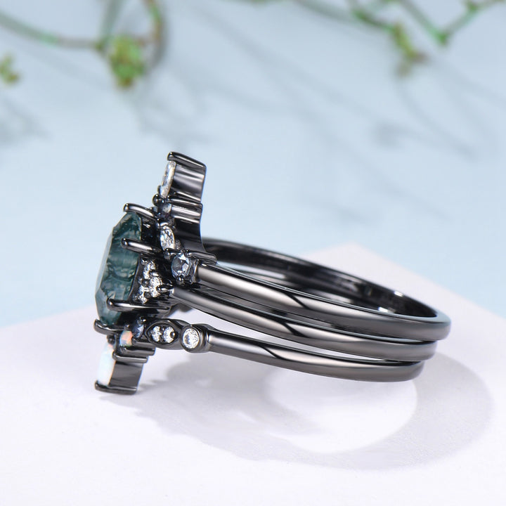 3pcs Black Gold Moss Agate Wedding Ring Set, Long Hexagon Natural Green Agate Gothic Engagement Ring, Unique Alexandrite Opal Stacking Band - PENFINE