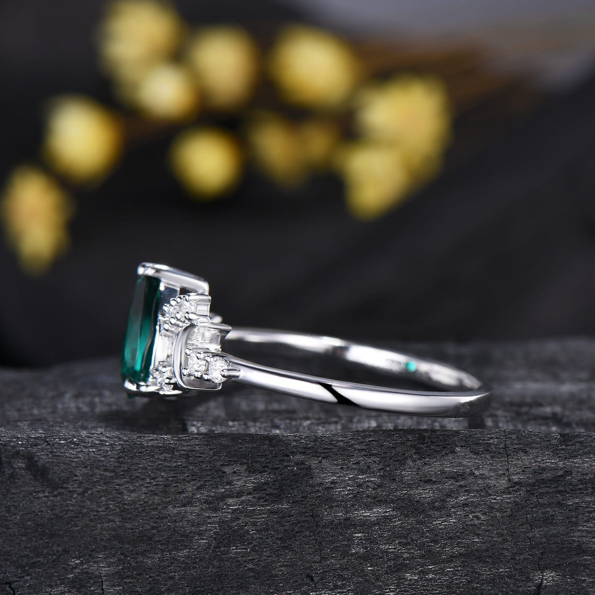 Vintage emerald engagement ring crescent moon pear shaped green gemstone promise ring Unique cluster moissanite anniversary gift for Women