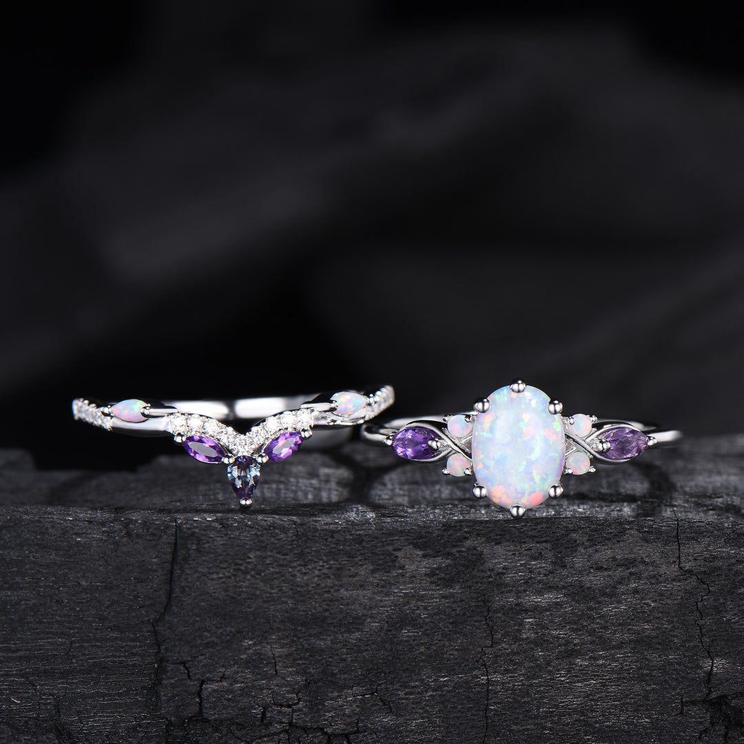 Vintage oval opal engagement ring set 14k white gold twisted unique fire opal amethyst wedding ring set art deco anniversary gift bridal set