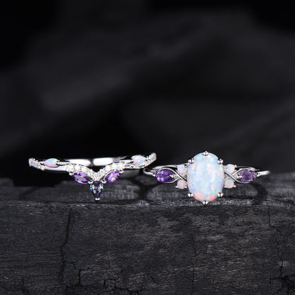 Vintage oval opal engagement ring set 14k white gold twisted unique fire opal amethyst wedding ring set art deco anniversary gift bridal set