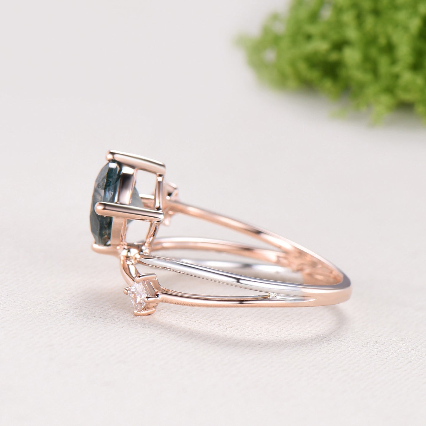 Unique Two Tone Rose White Gold Moss Agate Ring, 7mm Round Agate Split Shank Engagement Ring Twisted Diamond Band Unique Anniversary Gift