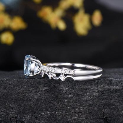 7mm Round Cut Aquamarine Engagement Ring Set - Diamond Wave Wedding Band