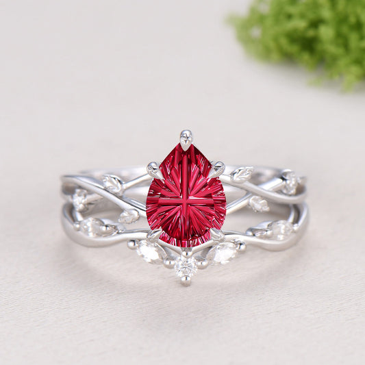 Vintage Starburst Cut Cornflower Red Ruby Wedding Ring Set - Pear Shaped Leaf Branch Bridal Set