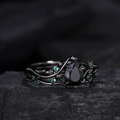 Pear shaped natural black onyx engagement ring set leaf design emerald gothic wedding set twig vine nature inspired emerald 2pcs bridal set