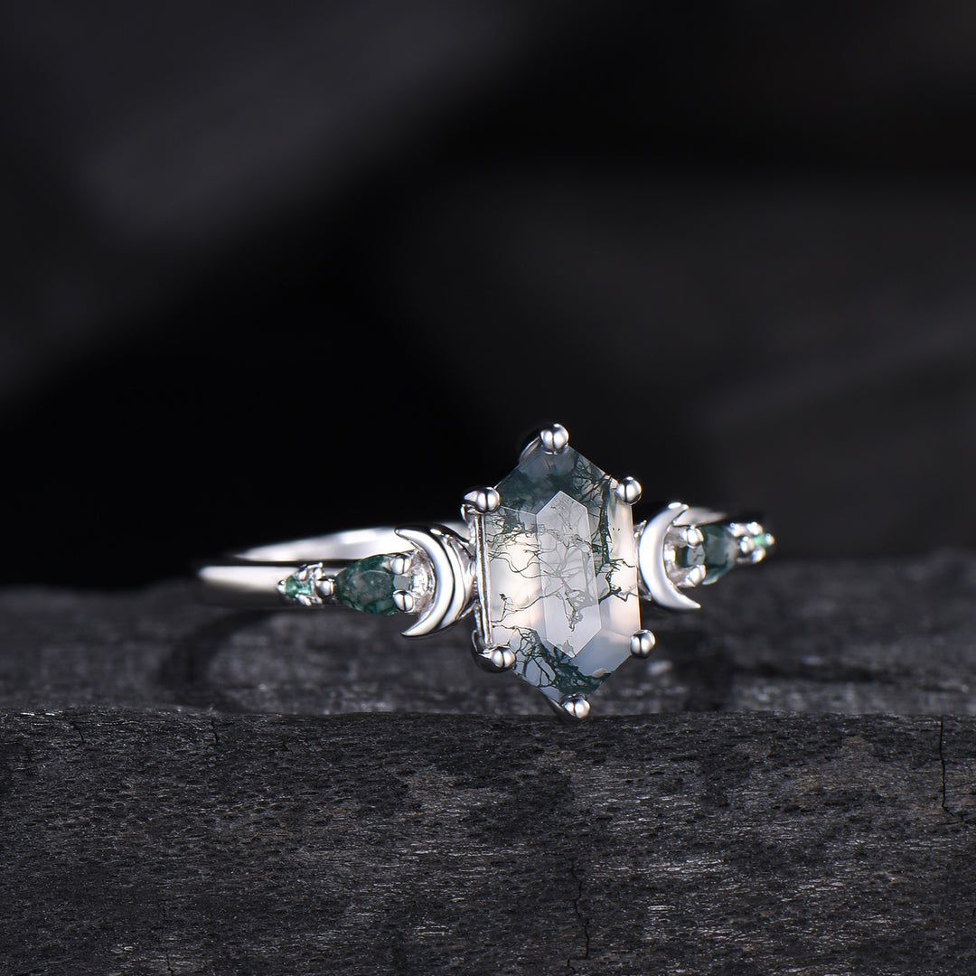 Elongated Hexagon Moss Agate Engagement Ring | Crescent Moon Vintage Gothic Ring
