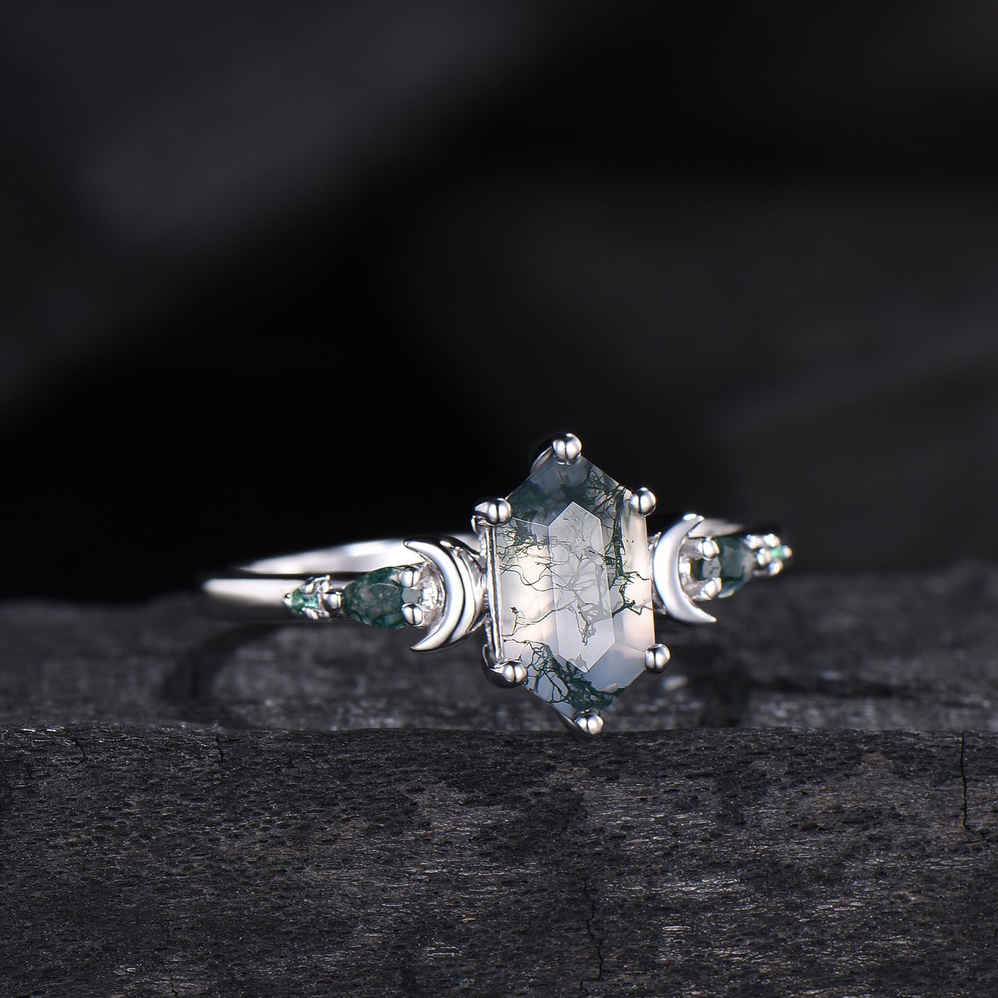 Elongated Hexagon Moss Agate Engagement Ring | Crescent Moon Vintage Gothic Ring