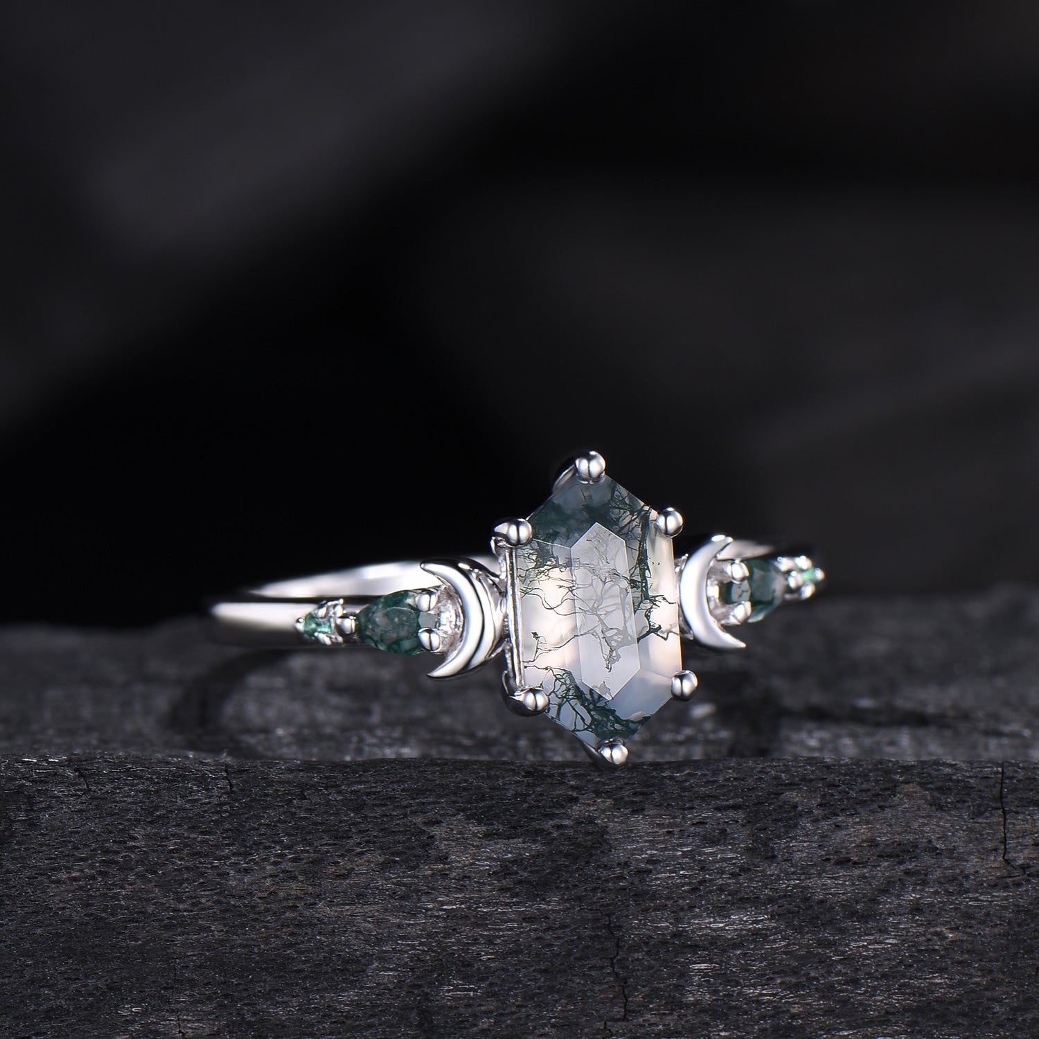 Elongated Hexagon Moss Agate Engagement Ring | Crescent Moon Vintage Gothic Ring