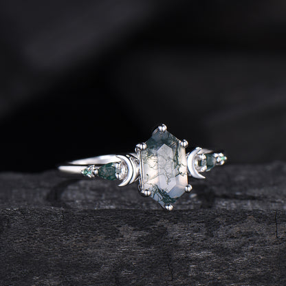 Elongated Hexagon Moss Agate Engagement Ring | Crescent Moon Vintage Gothic Ring