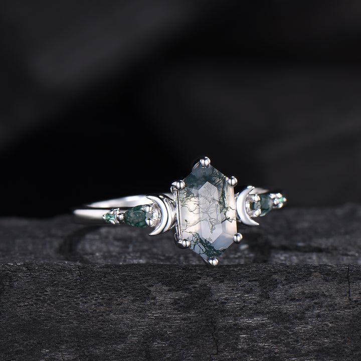 Elongated Hexagon Moss Agate Engagement Ring | Crescent Moon Vintage Gothic Ring