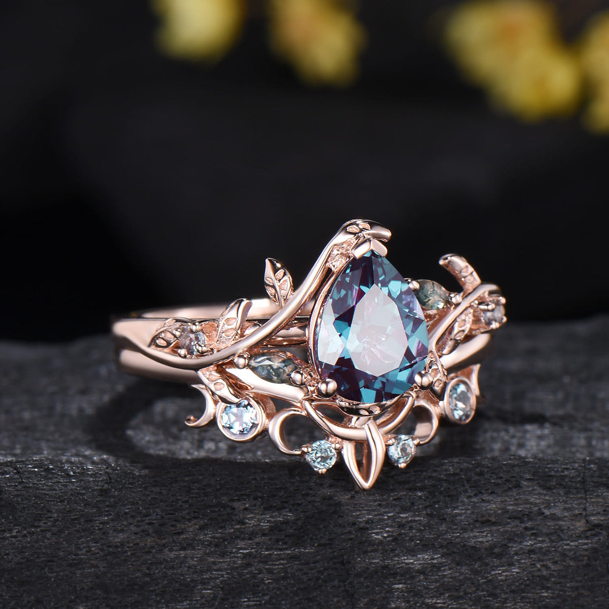 Pear Shaped Alexandrite Ring Set Leaf Vine Moss Agate Wedding Promise Gift