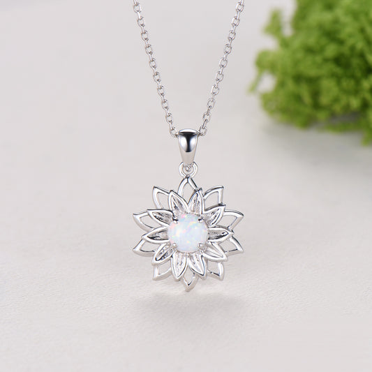 Vintage Sunflower White Opal Pendant Necklace fire opal leafy necklace elegant spinner pendant October birthstone anniversary gifts for mom