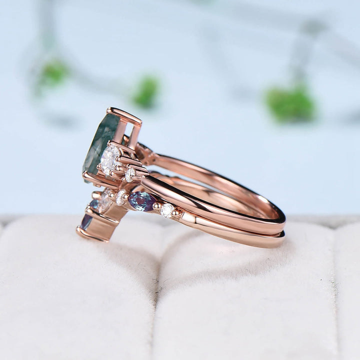 1.25CT Pear Moss Agate Engagement Ring Set Curved Alexandrite Stacking Ring Rose Gold Green Crystal Moissanite Wedding Ring Set For Women - PENFINE