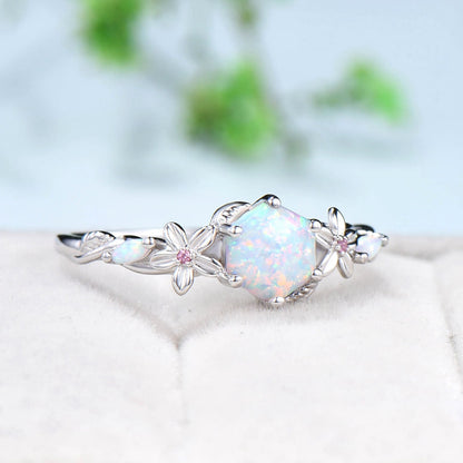 Flower Opal Ring Hexagon White Opal Engagement Vintage Unique Floral Wwedding Ring Leaves Nature Inspired Twist Pink Tourmaline Bridal Ring - PENFINE