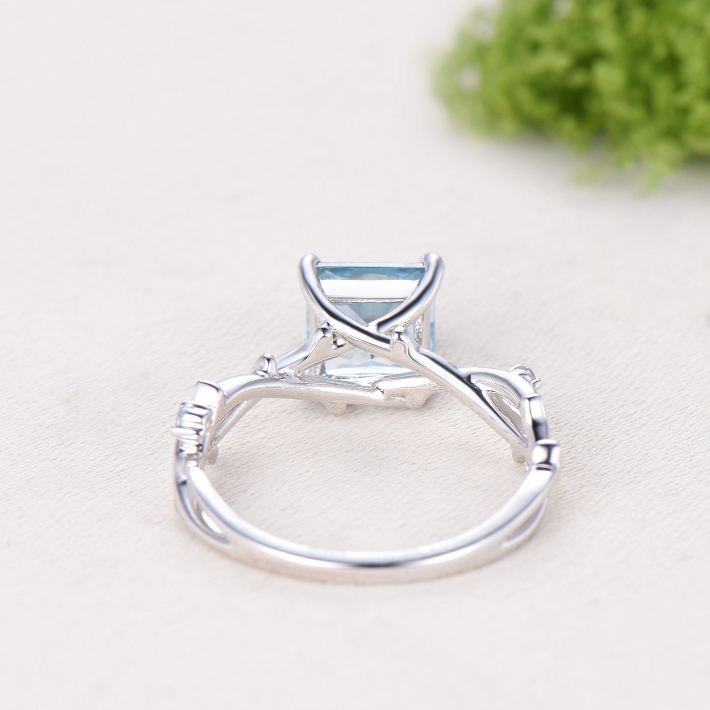 2CT Natural Princess Cut Aquamarine ring Leaf Branch March Birthstone Engagement Ring Nature Inspired Wedding Ring Unique Twig Promise Gift