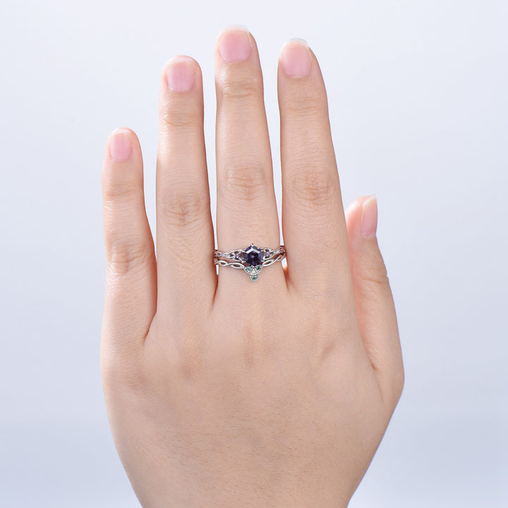 Norse Viking Hexagon Alexandrite Ring Set Celtic Love Knot Alexandrite Amethyst Engagement Ring Unique Twisted Wedding Ring Set For Women - PENFINE