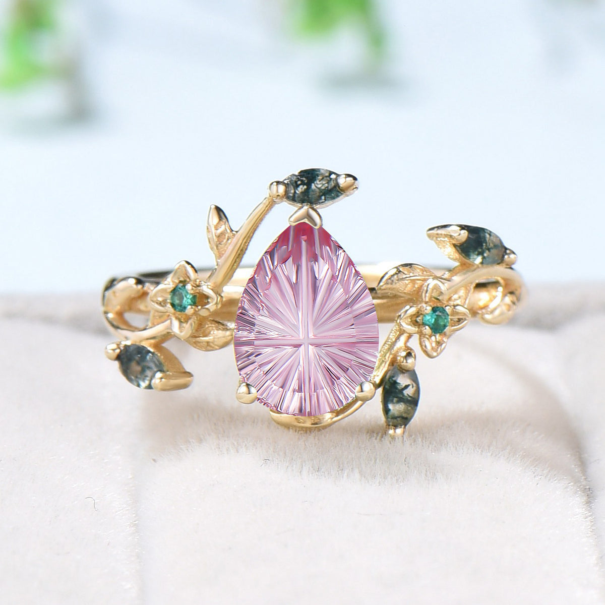 Teardrop Shaped Fantasy Cut Ruby Frog Engagement Ring Emerald 3 Stone Ring