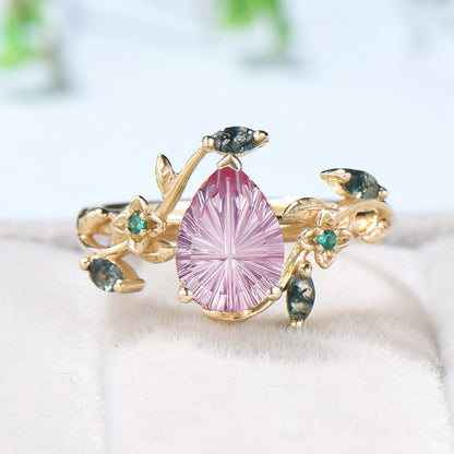 Teardrop Shaped Fantasy Cut Ruby Frog Engagement Ring Emerald 3 Stone Ring