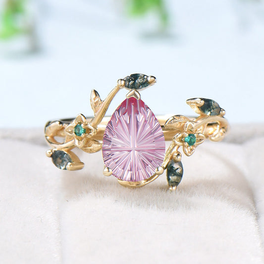 Teardrop Shaped Fantasy Cut Ruby Frog Engagement Ring Emerald 3 Stone Ring