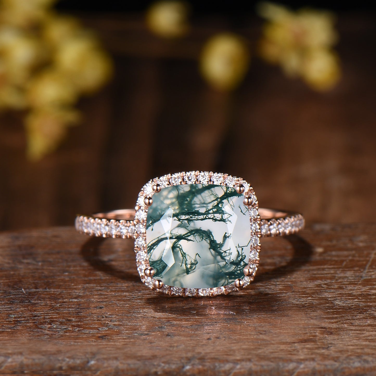 3ct Cushion Natural Moss Agate Engagement Ring Set, 14k Rose Gold Halo Diamond Bridal Ring, Art Deco Full Eternity Milgrain Band