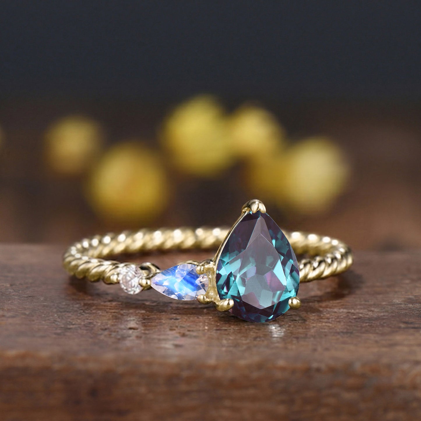 Vintage Alexandrite Moonstone Engagement Ring, 14k Rose Gold Twisted Band, Three Stone Promise Ring