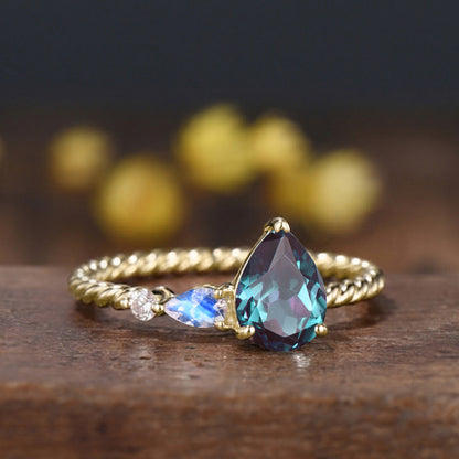 Vintage Alexandrite Moonstone Engagement Ring, 14k Rose Gold Twisted Band, Three Stone Promise Ring