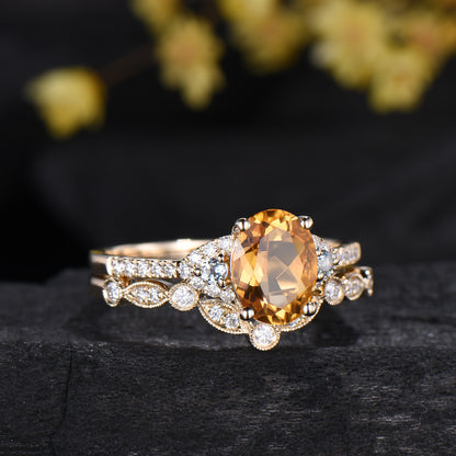 Oval Cut Natural Citrine Engagement Ring Diamond Matching Band Cluster Bridal Set