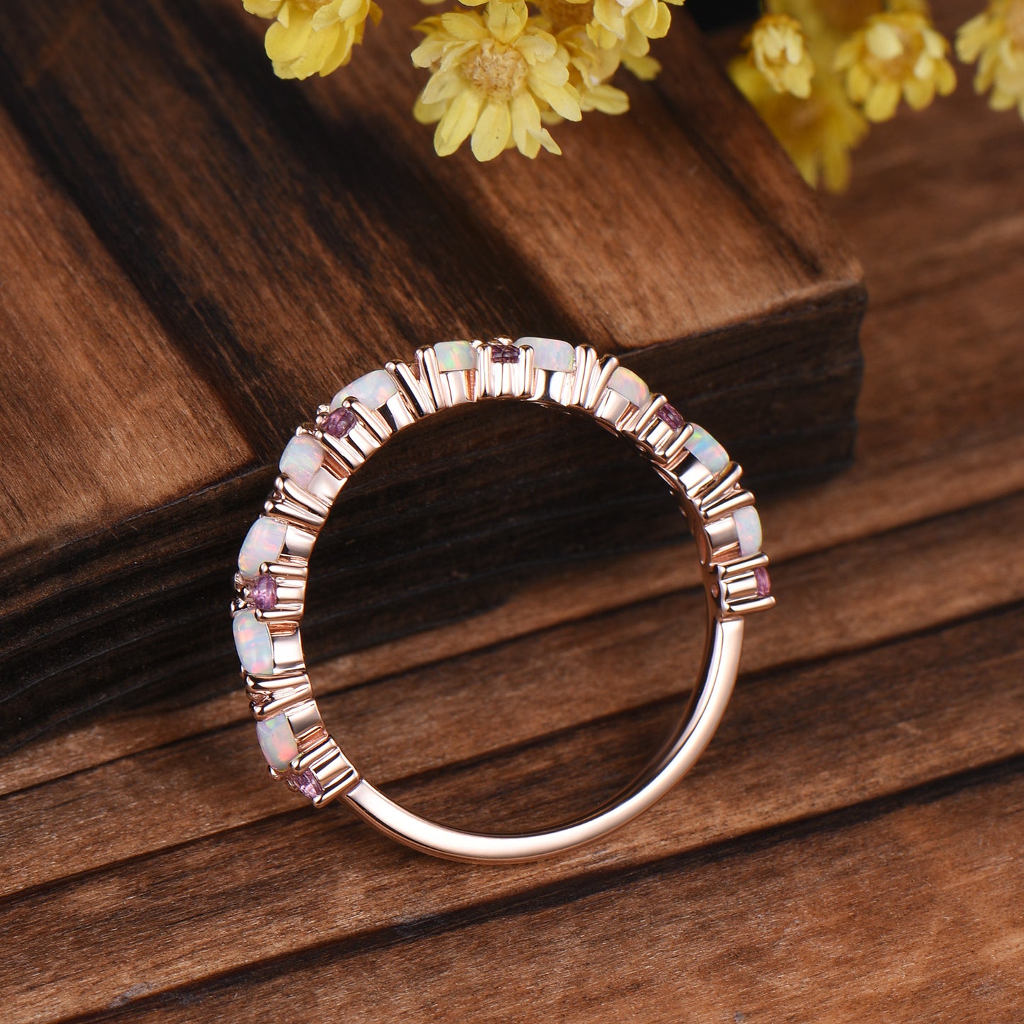 Marquise Opal Wedding Band: Alternative alexandrite amethyst Solid Gold Anniversary Ring
