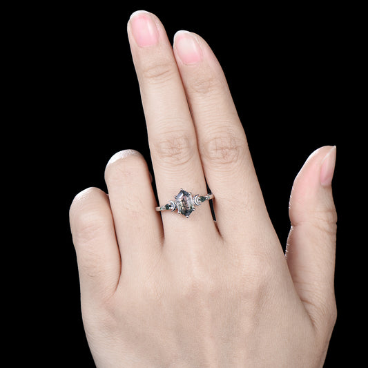 Elongated Hexagon Moss Agate Engagement Ring | Crescent Moon Vintage Gothic Ring