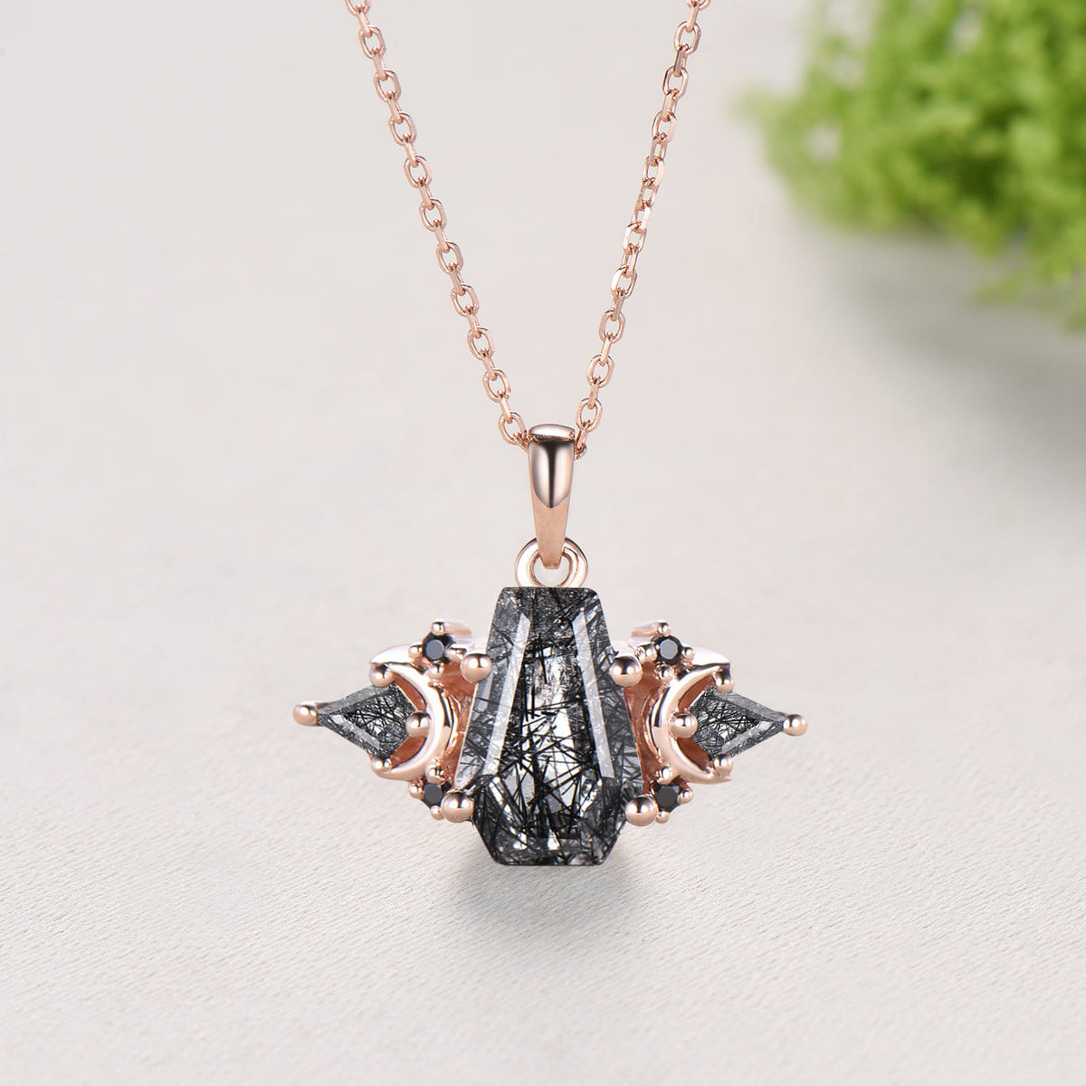 Gothic Coffin Cut Black Rutilated Quartz Moon Wedding Necklace Black Spinel Elegant Pendant