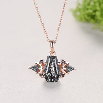 Gothic Coffin Cut Black Rutilated Quartz Moon Wedding Necklace Black Spinel Elegant Pendant