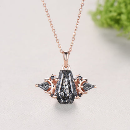 Gothic Coffin Cut Black Rutilated Quartz Moon Wedding Necklace Black Spinel Elegant Pendant