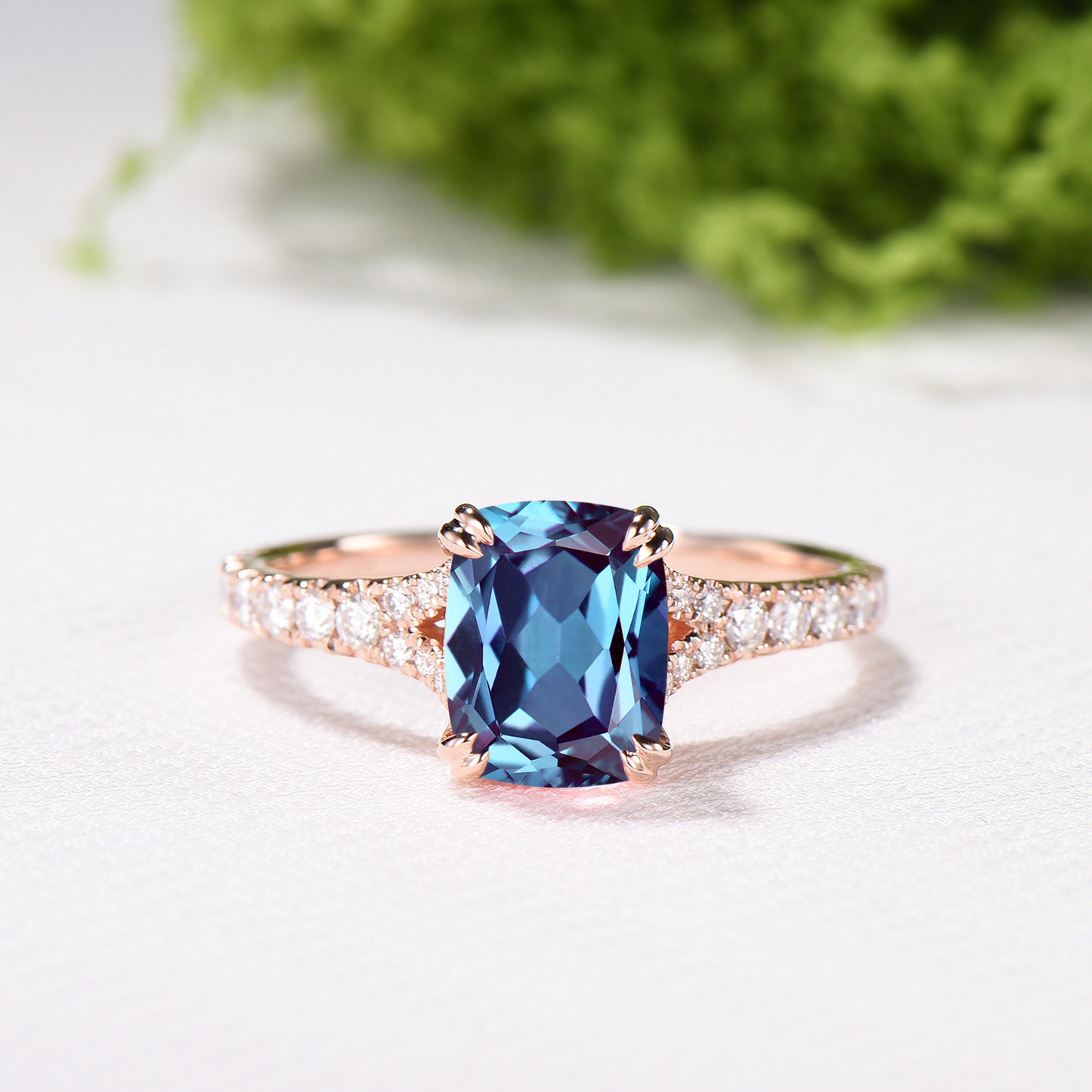 Cushion Cut Alexandrite Ring, Split Shank Pave Diamond, 14K Rose Gold Double Claw Promise Ring - PENFINE