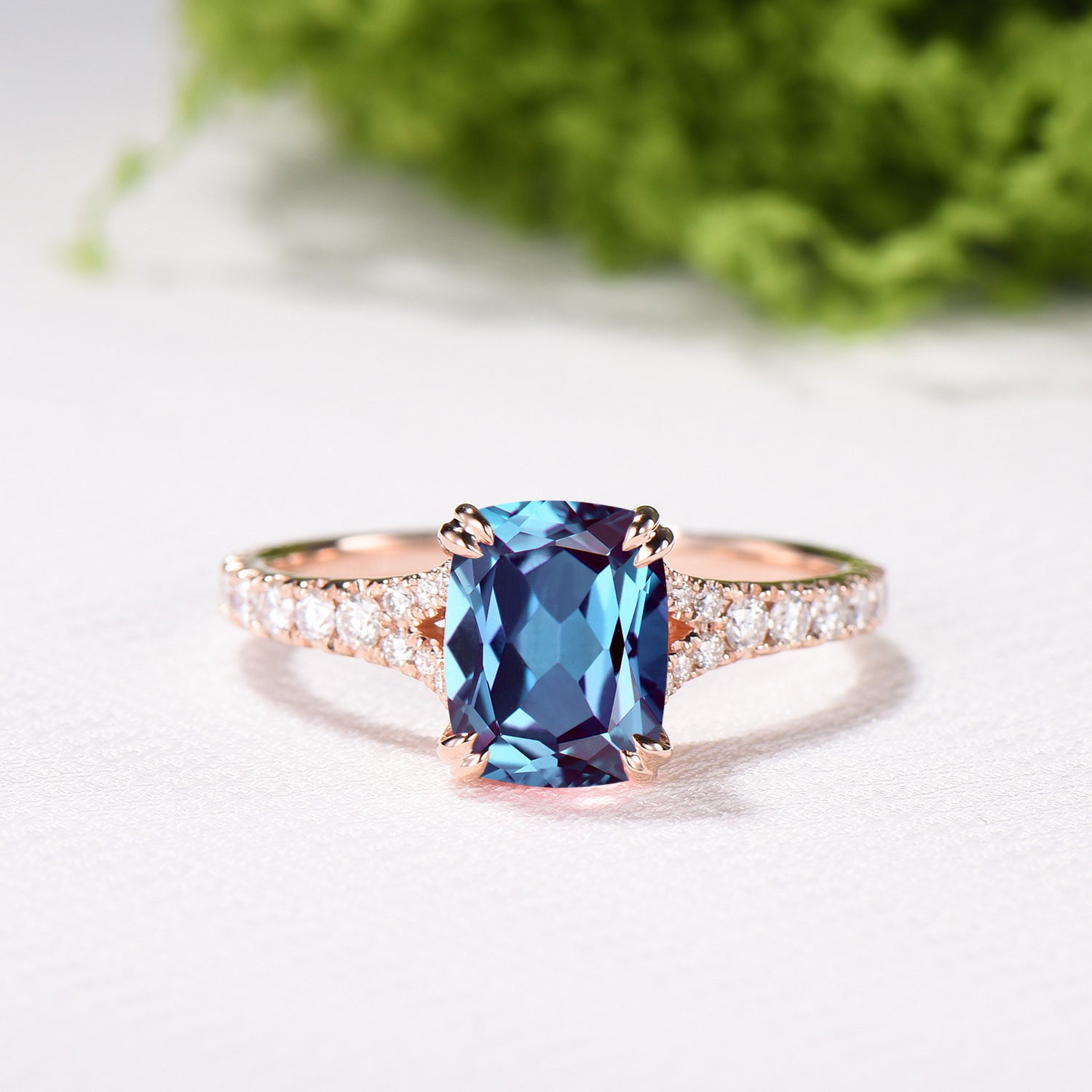 Cushion Cut Alexandrite Ring, Split Shank Pave Diamond, 14K Rose Gold Double Claw Promise Ring - PENFINE