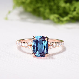 Cushion Cut Alexandrite Ring, Split Shank Pave Diamond, 14K Rose Gold Double Claw Promise Ring - PENFINE