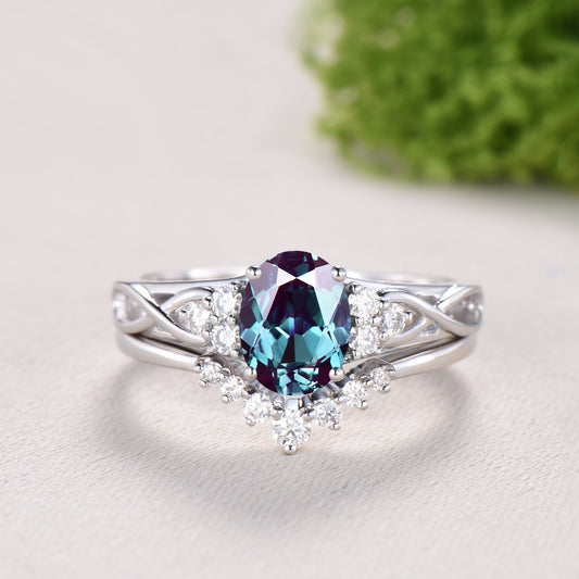 Celtic Love Alexandrite Engagement Ring Set 18K Yellow Gold Vintage Unique Color Change Cluster Diamond Art Deco Wedding Ring Set For Women - PENFINE