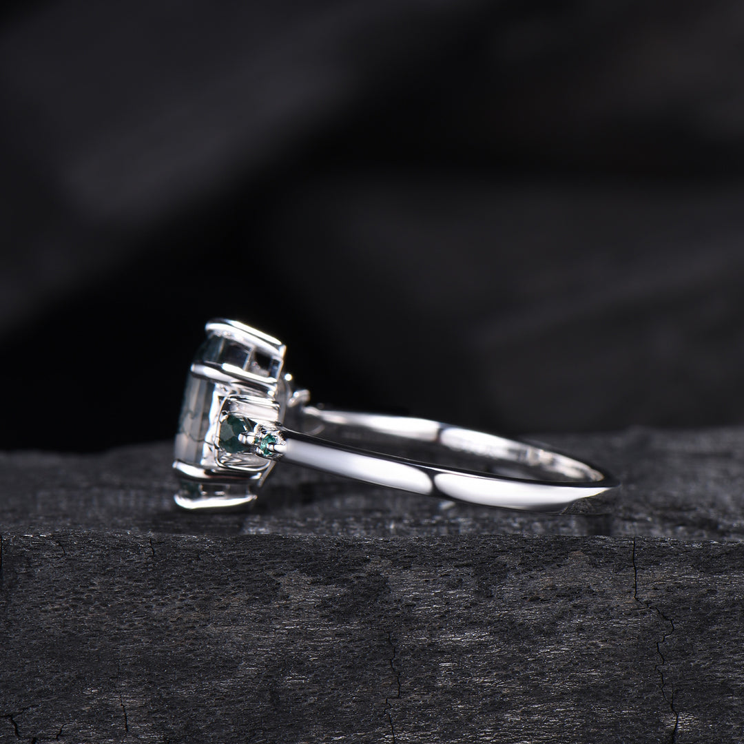 Elongated Hexagon Moss Agate Engagement Ring | Crescent Moon Vintage Gothic Ring