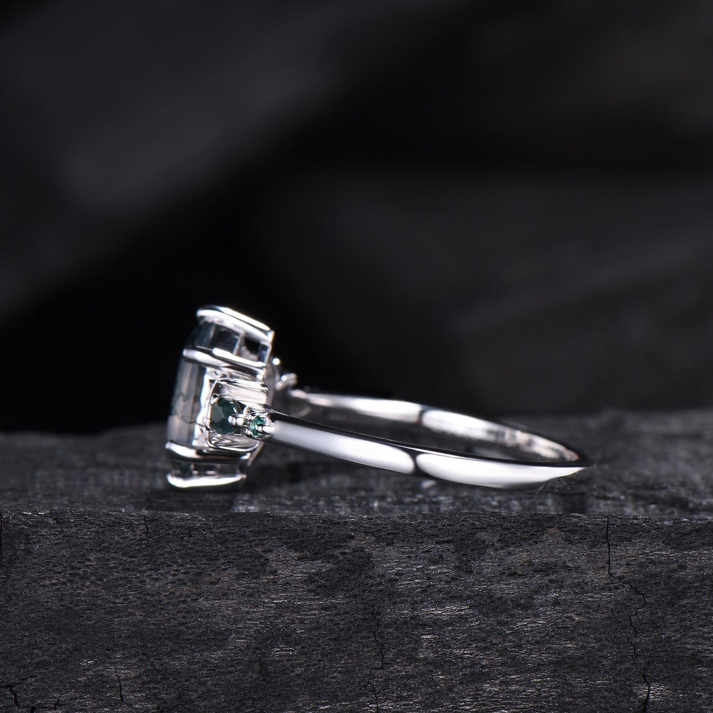 Elongated Hexagon Moss Agate Engagement Ring | Crescent Moon Vintage Gothic Ring