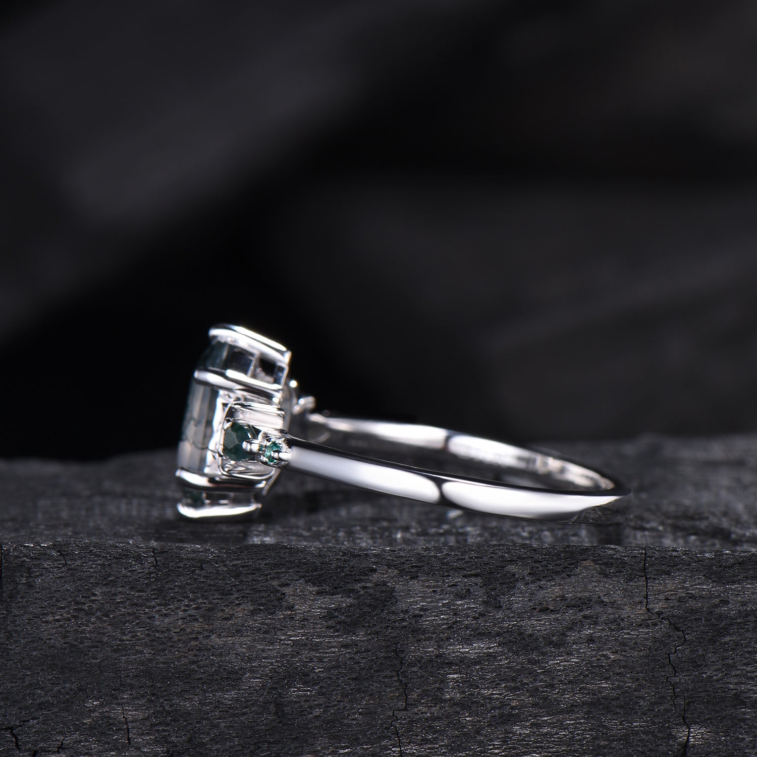 Elongated Hexagon Moss Agate Engagement Ring | Crescent Moon Vintage Gothic Ring
