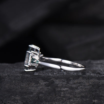 Elongated Hexagon Moss Agate Engagement Ring | Crescent Moon Vintage Gothic Ring