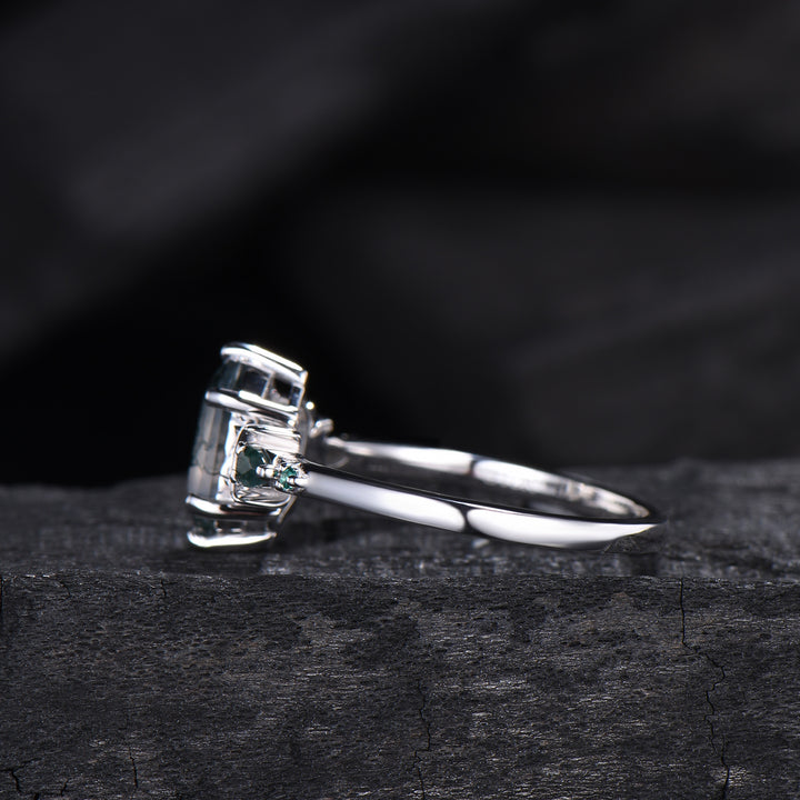 Elongated Hexagon Moss Agate Engagement Ring | Crescent Moon Vintage Gothic Ring
