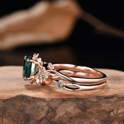 Emerald Floral Ring Set: Rose Gold Twig, Leaf, Art Deco Bridal Ring